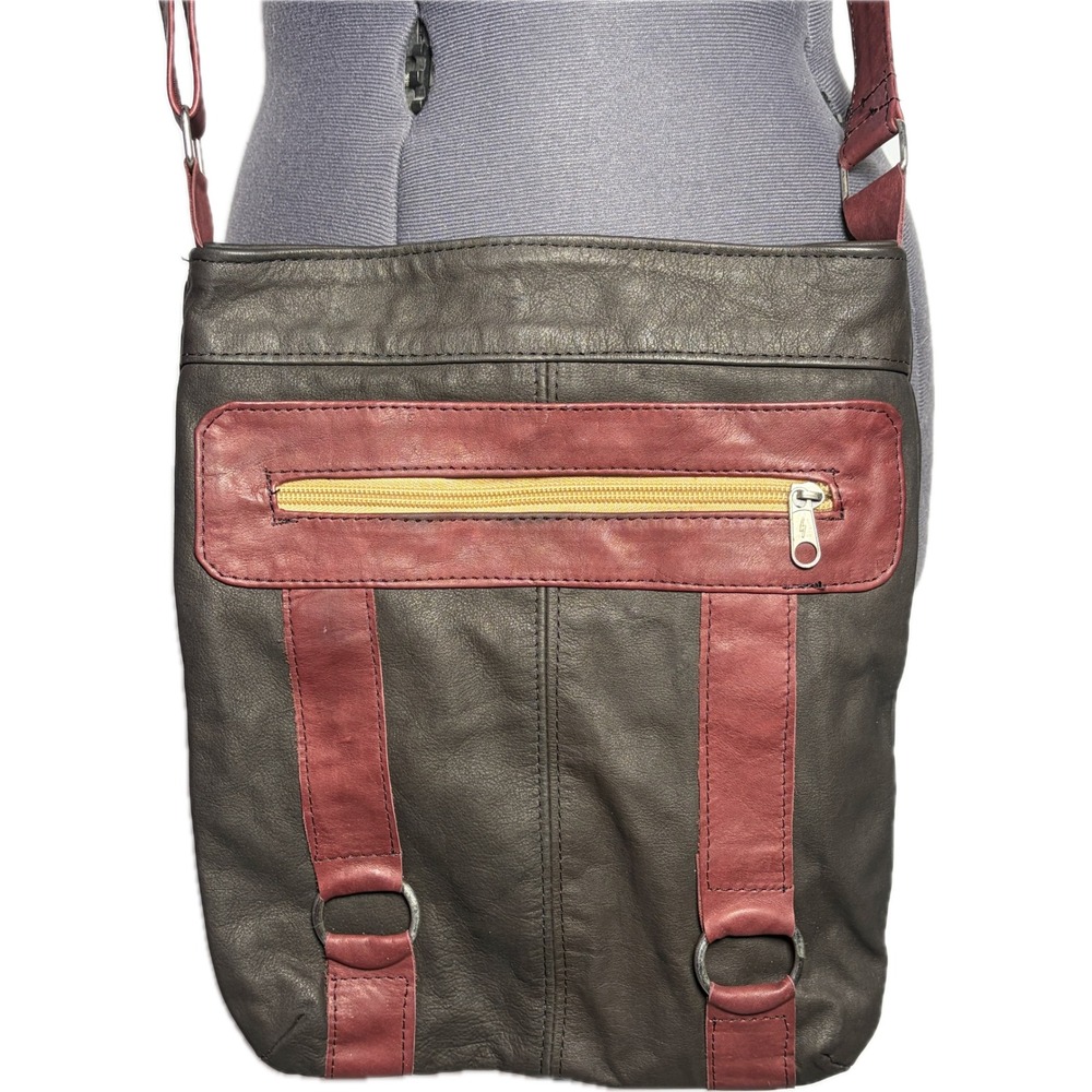 Vintage 90s Leather Crossbody‎ Bag Messenger Purse Black Burgundy Colorblock